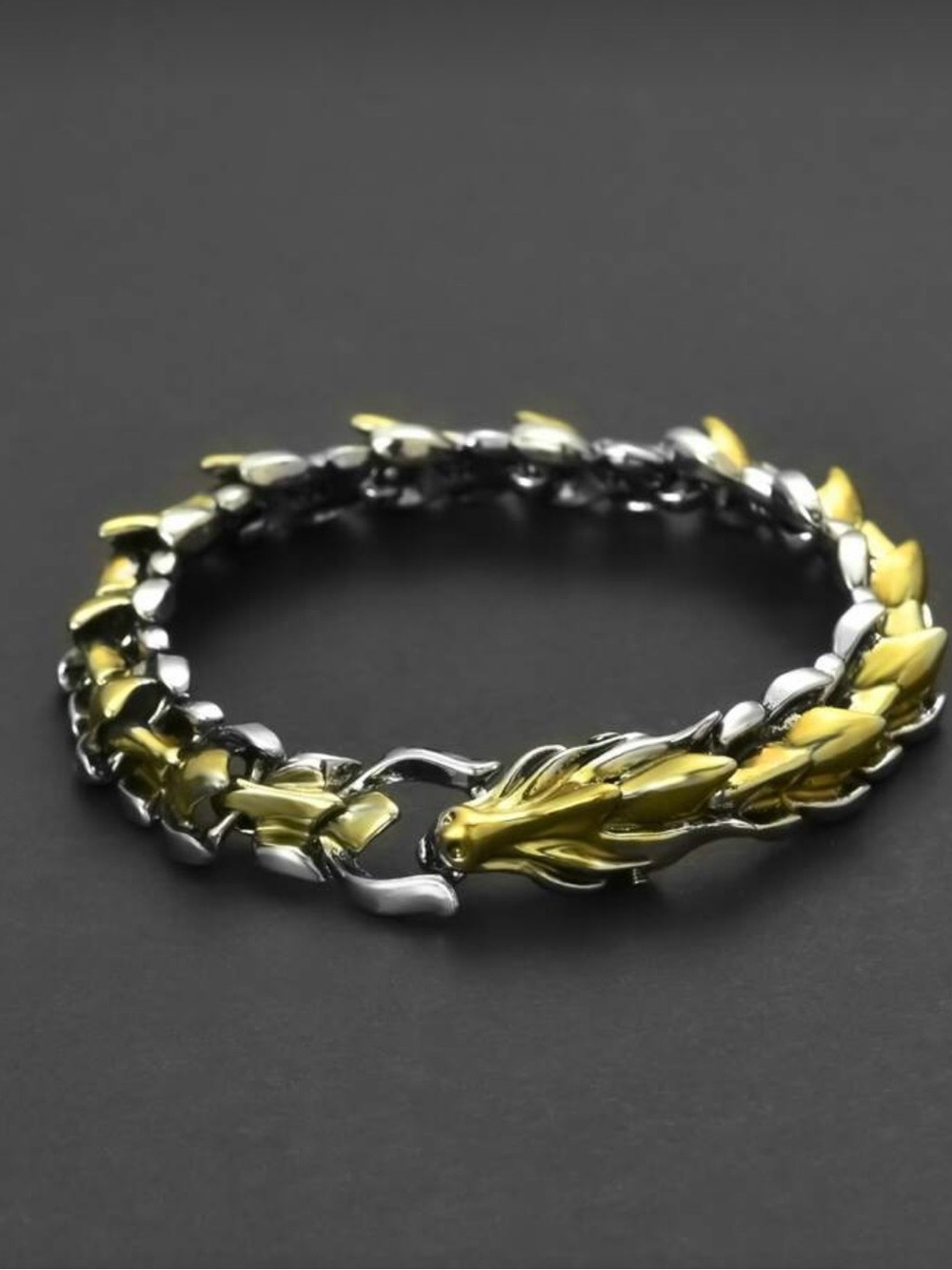 Retro Two-Toned Gold & Silver Metal Dragon Link Bracelet - Picture 7 of 10
